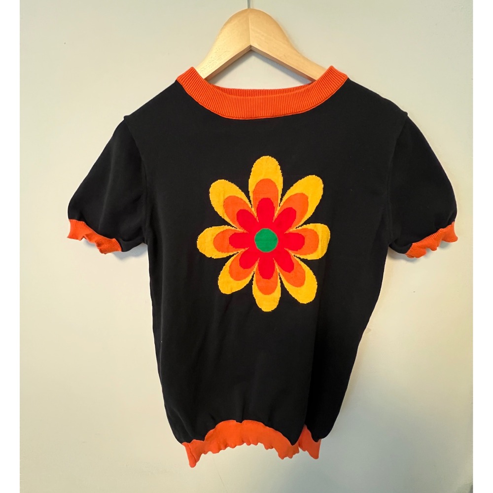 OXKNIT Flower Sweater Women Large Black Orange Pre-owned Retro Short Sleeve Top